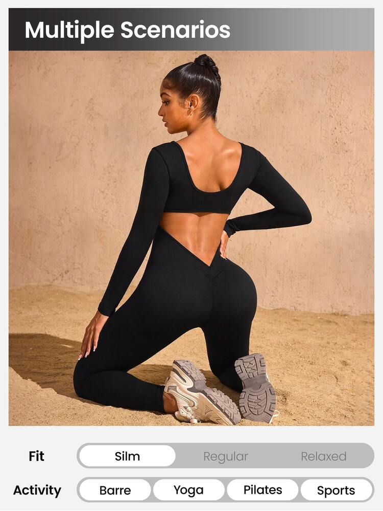 Slayform Slayform Solid Color Scoop Neck Open Back Tight Seamless Jumpsuit, Long Sleeve Full Jumpsuit, Long Sleeve - Black - View 5