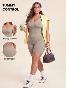 SHEIN Rhythm Era Women's Plus Size Solid Color Casual Daily Travel Sports Romper - Coffee Brown - View 1