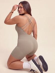 SHEIN Rhythm Era Women's Plus Size Solid Color Casual Daily Travel Sports Romper - Coffee Brown - View 2