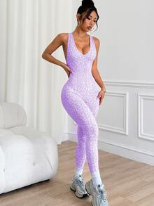 Slayform Slayform 1pc Women Leopard Print 7/8 Length Yoga Workout Jumpsuit Y2k Sporty Sexy Glowmode Gym Purple Leopard Print Summer - Mauve Purple - View 6