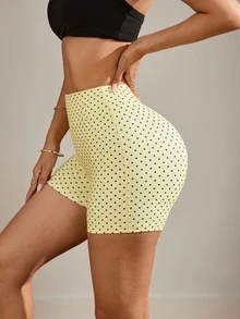 Slayform 1 قطعة + شورت عادي + تصميم مطبوع/أسلوب أساسي/نقاط صفراء فاتحة + شورت رياضي + لياقة بدنية/يوغا - أصفر - مشاهدة 3