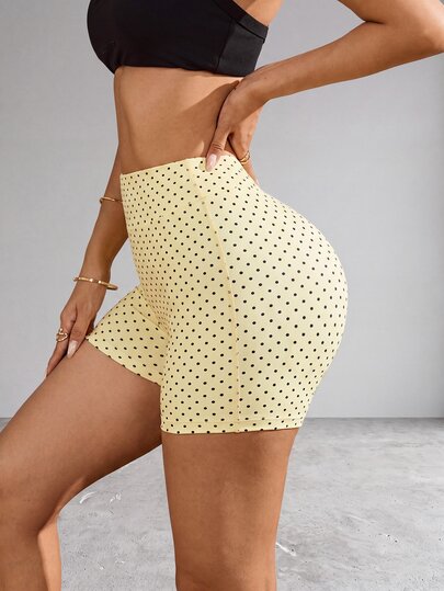 Slayform 1pc + Regular Shorts + Printed Design/Basic Style/Light Yellow Polka Dot + Sports Shorts + Fitness/Yoga