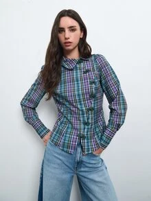 Nöista Plaid Shirt Chinese Knot Buttons.Slim Fit, Practical And High-Quality Item Suitable Fall Winter,Elegant, Casual Cute, - Green - View 3