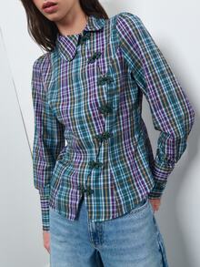 Nöista Plaid Shirt Chinese Knot Buttons.Slim Fit, Practical And High-Quality Item Suitable Fall Winter,Elegant, Casual Cute, - Green - View 2