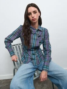 Nöista Plaid Shirt Chinese Knot Buttons.Slim Fit, Practical And High-Quality Item Suitable Fall Winter,Elegant, Casual Cute, - Green - View 1