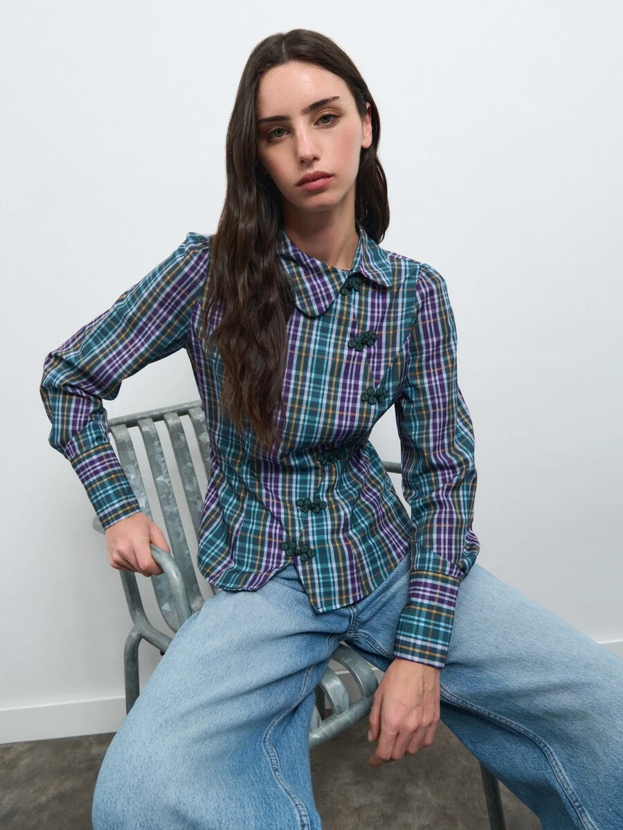 Nöista Plaid Shirt Chinese Knot Buttons.Slim Fit, Practical And High-Quality Item Suitable Fall Winter,Elegant, Casual Cute, - Green - View 1