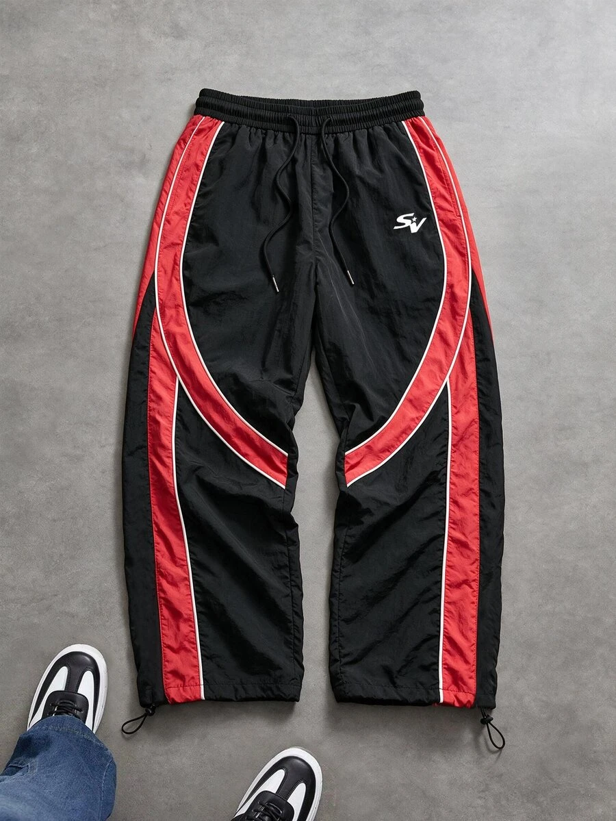 Manfinity Denimwave Men's Letter Print Drawstring Waist Loose Casual Sports Long Pants - Black - View 1