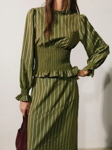 Nöista 2 Pieces Outfit For The Fall Winter Season, In Atumn Colors, Smocked Shirt On The Waist And Straight Skirt, Perfect Look For Back To School. - Green - View 4