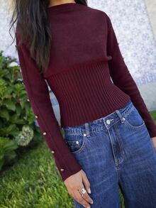 Nöista Burgundy Off-Shoulder Knit Sweater With Fitted Ribbed Waist And Button-Detailed Sleeves. Fall, Winter, Autumn, College, Warm, Day To Night, Halloween. - Burgundy - View 3