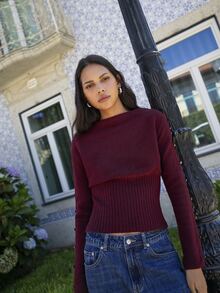 Nöista Burgundy Off-Shoulder Knit Sweater With Fitted Ribbed Waist And Button-Detailed Sleeves. Fall, Winter, Autumn, College, Warm, Day To Night, Halloween. - Burgundy - View 2