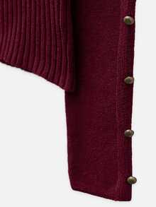 Nöista Burgundy Off-Shoulder Knit Sweater With Fitted Ribbed Waist And Button-Detailed Sleeves. Fall, Winter, Autumn, College, Warm, Day To Night, Halloween. - Burgundy - View 11
