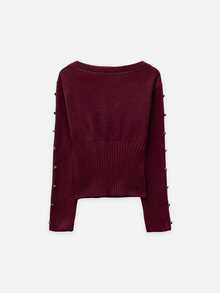 Nöista Burgundy Off-Shoulder Knit Sweater With Fitted Ribbed Waist And Button-Detailed Sleeves. Fall, Winter, Autumn, College, Warm, Day To Night, Halloween. - Burgundy - View 8