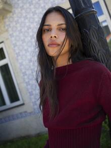 Nöista Burgundy Off-Shoulder Knit Sweater With Fitted Ribbed Waist And Button-Detailed Sleeves. Fall, Winter, Autumn, College, Warm, Day To Night, Halloween. - Burgundy - View 7