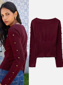 Nöista Burgundy Off-Shoulder Knit Sweater With Fitted Ribbed Waist And Button-Detailed Sleeves. Fall, Winter, Autumn, College, Warm, Day To Night, Halloween. - Burgundy - View 4