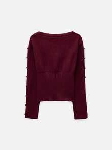 Nöista Burgundy Off-Shoulder Knit Sweater With Fitted Ribbed Waist And Button-Detailed Sleeves. Fall, Winter, Autumn, College, Warm, Day To Night, Halloween. - Burgundy - View 9