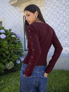Nöista Burgundy Off-Shoulder Knit Sweater With Fitted Ribbed Waist And Button-Detailed Sleeves. Fall, Winter, Autumn, College, Warm, Day To Night, Halloween. - Burgundy - View 1