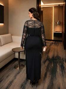SHEIN Lady فستان سهرة فاخر أسود شتوي للهالوين مقاس كبير، أنيق للحفلات والكوكتيل والمناسبات الرسمية، بتصميم دانتيل مع رقعات متعددة الطبقات وشرابات - الأسود - مشاهدة 2