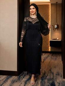 SHEIN Lady فستان سهرة فاخر أسود شتوي للهالوين مقاس كبير، أنيق للحفلات والكوكتيل والمناسبات الرسمية، بتصميم دانتيل مع رقعات متعددة الطبقات وشرابات - الأسود - مشاهدة 6