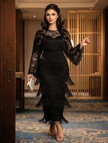 SHEIN Lady فستان سهرة فاخر أسود شتوي للهالوين مقاس كبير، أنيق للحفلات والكوكتيل والمناسبات الرسمية، بتصميم دانتيل مع رقعات متعددة الطبقات وشرابات - الأسود - مشاهدة 5