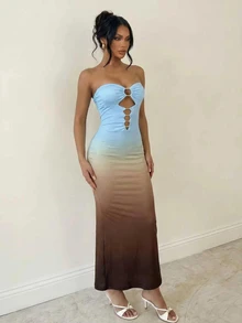 Sirith Women's Gradient Color Metal Buckle Hollow Out Sexy Bandeau Mermaid Dress - Multicolor - View 4