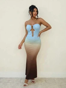 Sirith Women's Gradient Color Metal Buckle Hollow Out Sexy Bandeau Mermaid Dress - Multicolor - View 1