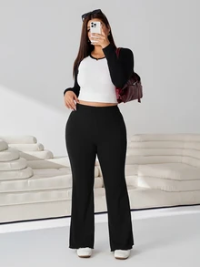 Solflare Plus Size Women's Solid Color Elastic Waist Casual Flare Pants - Black - View 7