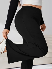 Solflare Plus Size Women's Solid Color Elastic Waist Casual Flare Pants - Black - View 8
