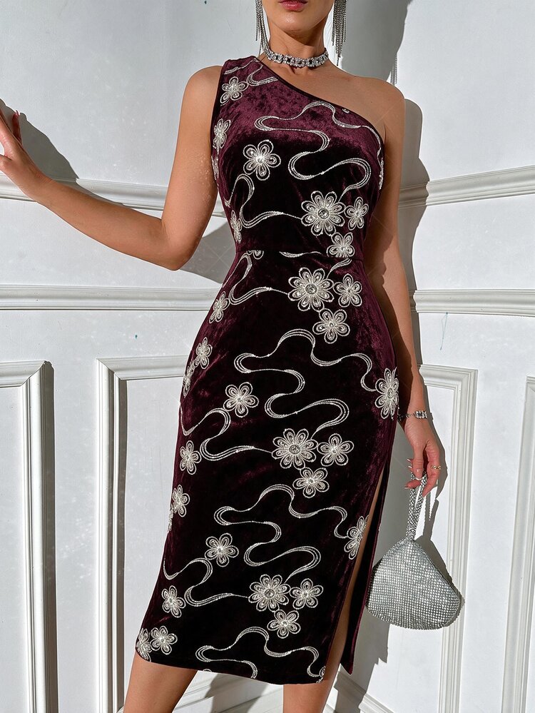 Allurite Women's One-Shoulder Sleeveless High Slit Long Embroidered Dress, Suitable For Holiday Party Cocktail Wear Burgundy Summer Casual Sexy - Burgundy - View 5