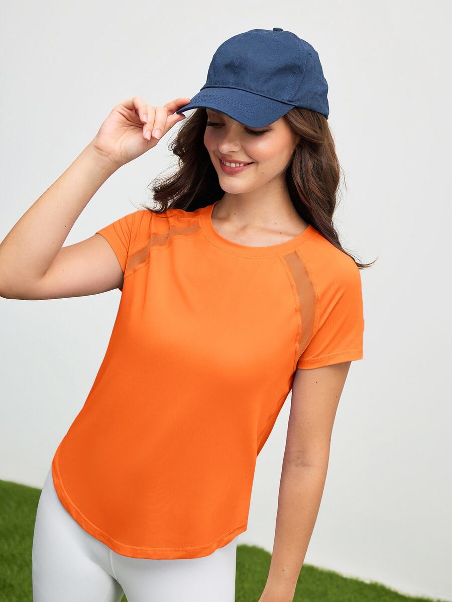 SHEIN Cheerettes Powerista 女款運動休閒上衣 素色圓領橘色袖短袖運動T恤 健身房運動衫 時尚日常穿著 瑜珈適用 - 橘色 - 查看 1