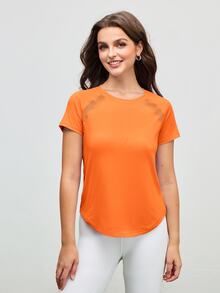 SHEIN Cheerettes Powerista 女款運動休閒上衣 素色圓領橘色袖短袖運動T恤 健身房運動衫 時尚日常穿著 瑜珈適用 - 橘色 - 查看 6