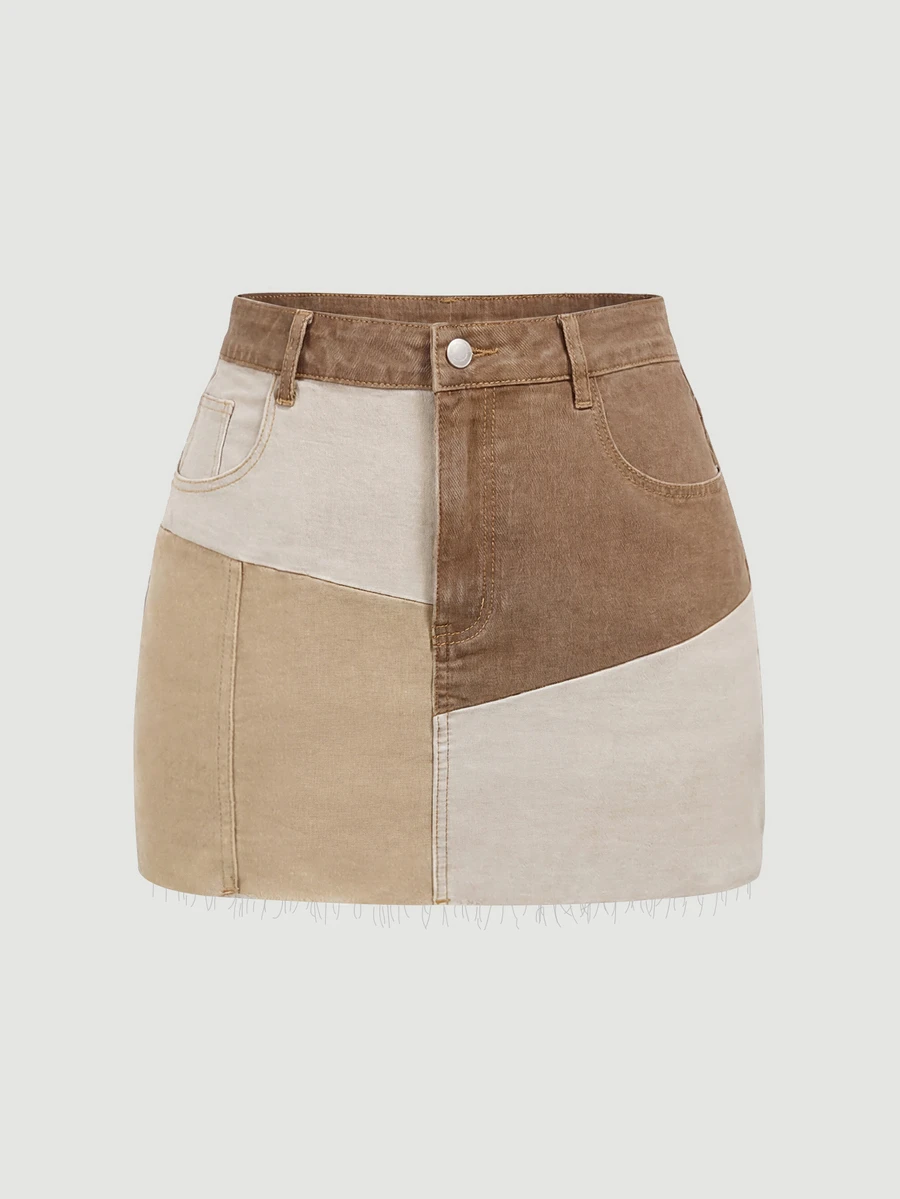 Sweetra Plus Size Women's Colorblock Pocket Casual Denim Mini Skirt - Multicolor - View 1