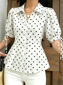 Franclia 優雅短袖女式上衣襯衫，修身收腰遮腹泡泡袖上衣 - 白色 - 查看 4