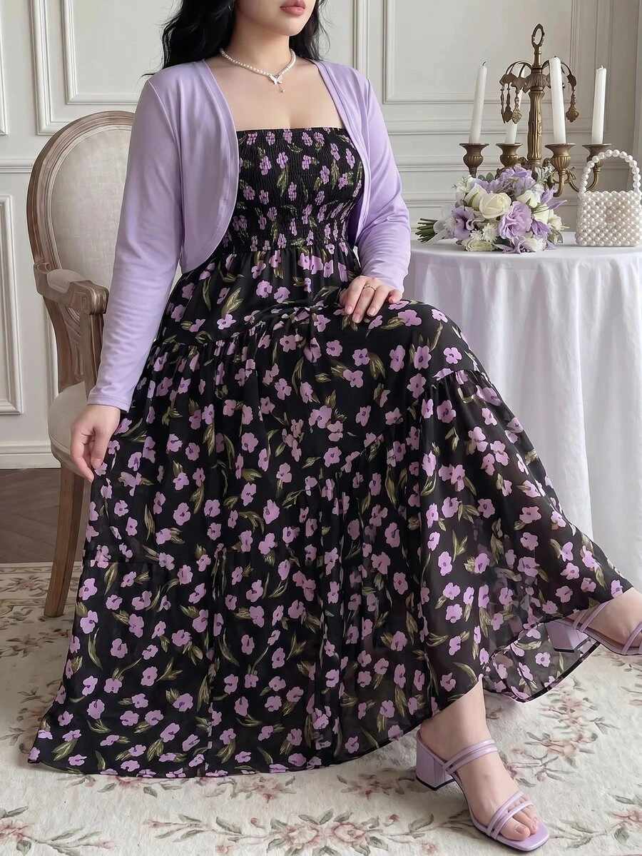Vibekara Plus Size Elegant Purple Short Cardigan And Satin Floral Print Cami Dress 2 Pieces Set For Summer Vacation Casual Fall