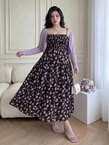 Vibekara Plus Size Elegant Purple Short Cardigan And Satin Floral Print Cami Dress 2 Pieces Set For Summer Vacation Casual Fall - Multicolor - View 6