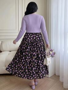 Vibekara Plus Size Elegant Purple Short Cardigan And Satin Floral Print Cami Dress 2 Pieces Set For Summer Vacation Casual Fall - Multicolor - View 3
