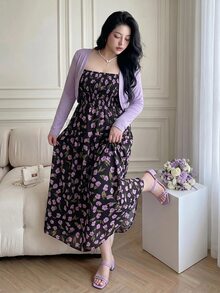 Vibekara Plus Size Elegant Purple Short Cardigan And Satin Floral Print Cami Dress 2 Pieces Set For Summer Vacation Casual Fall - Multicolor - View 5