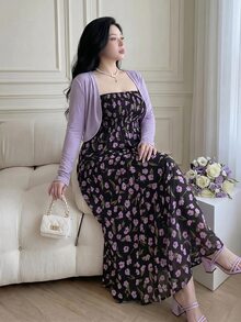 Vibekara Plus Size Elegant Purple Short Cardigan And Satin Floral Print Cami Dress 2 Pieces Set For Summer Vacation Casual Fall - Multicolor - View 8