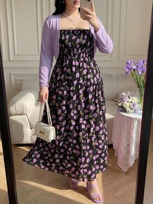 Vibekara Plus Size Elegant Purple Short Cardigan And Satin Floral Print Cami Dress 2 Pieces Set For Summer Vacation Casual Fall - Multicolor - View 4