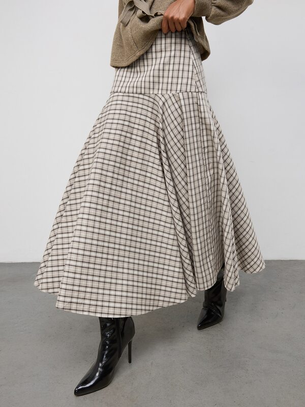 Maija Grey Plaid Plaid A-Line Skirt For Women, Autumn Casual Elegant Urban Vintage Outfit Brunch Office