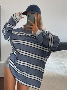 DAZY 女款條紋字母印花休閒百搭日常長袖寬鬆大尺寸T恤 秋季 - 藍色 - 查看 1