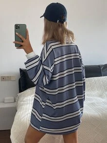 DAZY 女款條紋字母印花休閒百搭日常長袖寬鬆大尺寸T恤 秋季 - 藍色 - 查看 6