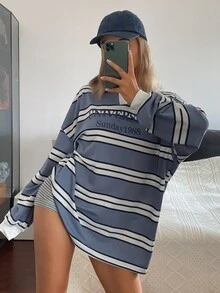 DAZY 女款條紋字母印花休閒百搭日常長袖寬鬆大尺寸T恤 秋季 - 藍色 - 查看 3