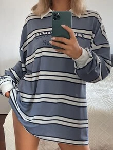 DAZY 女款條紋字母印花休閒百搭日常長袖寬鬆大尺寸T恤 秋季 - 藍色 - 查看 4