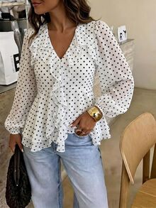 Lucivie Blouse élégante et décontractée pour femme, style resort français, blanche à pois noirs, en mousseline, col V profond, à volants superposés, manches bouffantes et ourlet irrégulier - Blanc - Voir 5