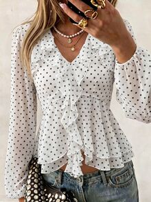 Lucivie Blouse élégante et décontractée pour femme, style resort français, blanche à pois noirs, en mousseline, col V profond, à volants superposés, manches bouffantes et ourlet irrégulier - Blanc - Voir 3