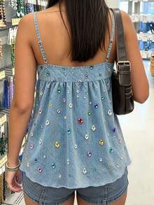 Zavorell Women's Colorful Rhinestone Print Casual Pleated Camisole Top - Multicolor - View 2