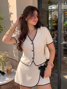 SHEIN MOD Plus Size Women's Contrast Color V-Neck Single-Breasted Short Sleeve Top And Mini Skirt Casual Daily 2-Piece Set - Apricot - View 1
