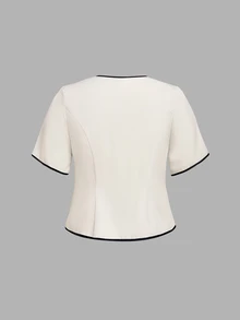 SHEIN MOD Plus Size Women's Contrast Color V-Neck Single-Breasted Short Sleeve Top And Mini Skirt Casual Daily 2-Piece Set - Apricot - View 9