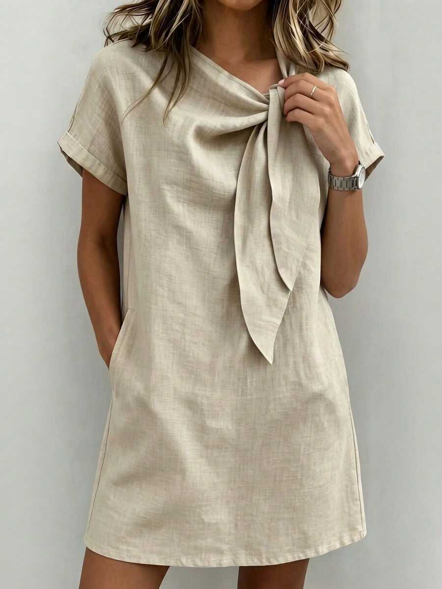 SHEIN 女款休閒洋裝，度假優雅沙灘洋裝，外出穿搭，鄉村風通勤社交洋裝，綁帶設計，附口袋，杏色