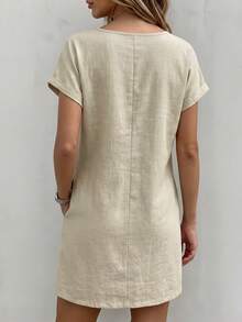 SHEIN 女款休閒洋裝，度假優雅沙灘洋裝，外出穿搭，鄉村風通勤社交洋裝，綁帶設計，附口袋，杏色 - 杏色 - 查看 3